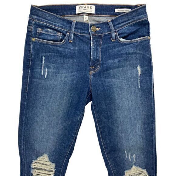 Frame Distressed Skinny Jeans Womens 27 Blue Dark Wash Casualwear Everyday Denim - Picture 3 of 15